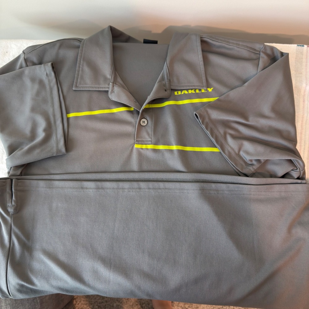Oakley Mens Gray Short Sleeve Polo Shirt Neon Yellow Stripes Logo Large L - Picture 5 of 6